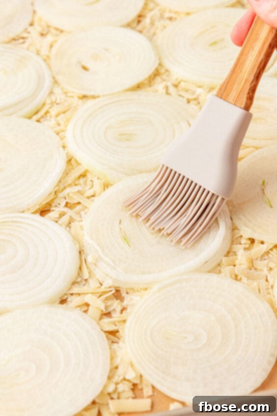 Onion slices being brushed with a basting brush.