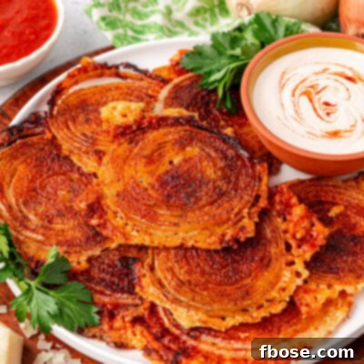 Onion ring chips on a white plate with dipping sauce.