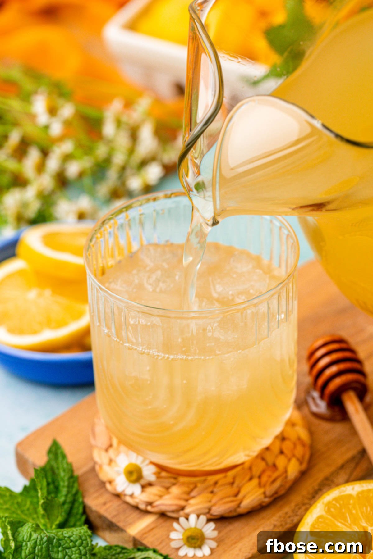 Zesty Honey Delight 6 Honey lemonade being poured out of a pitcher into a glass with ice and a lemon slice.