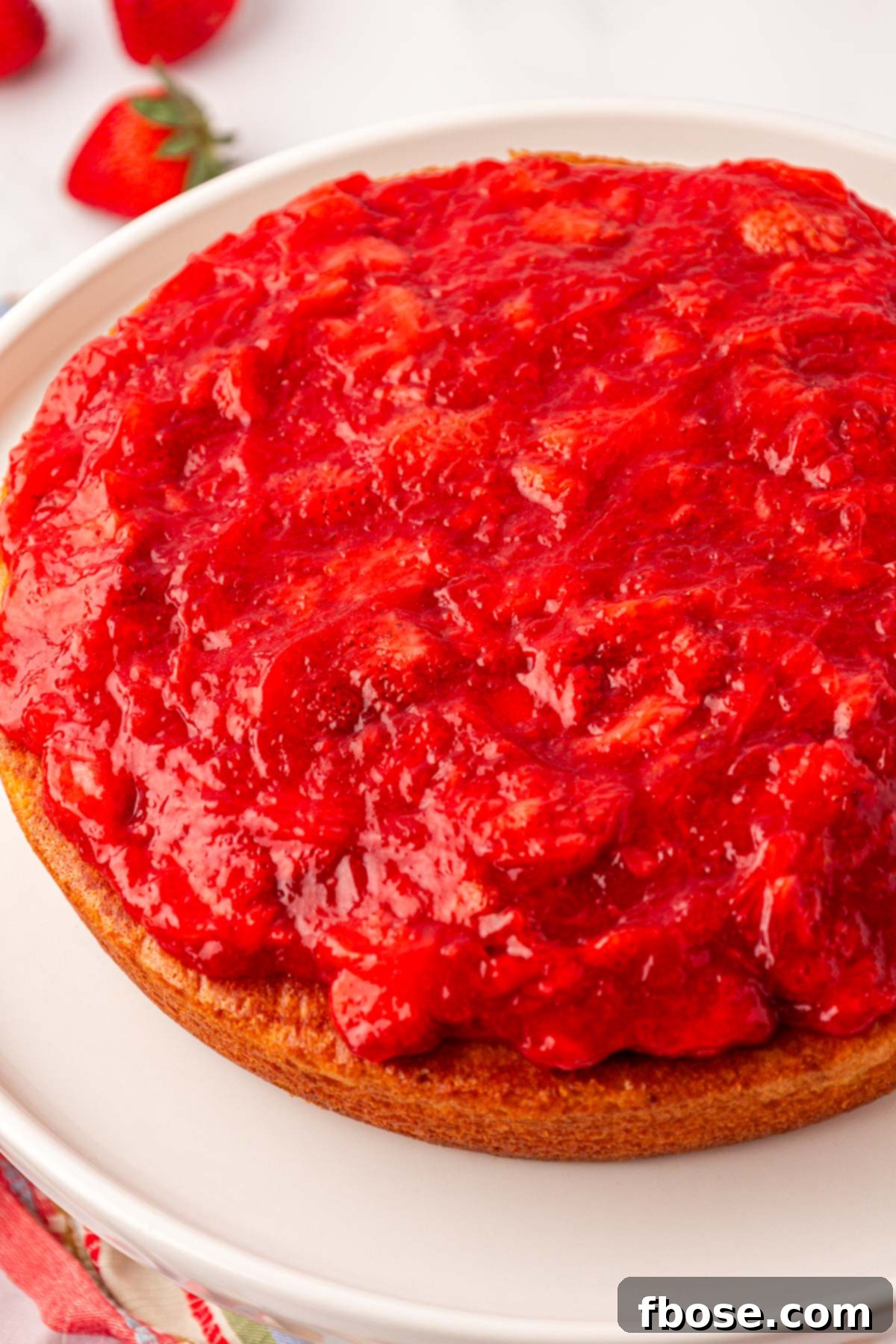 Strawberry filling on top of a round cake.