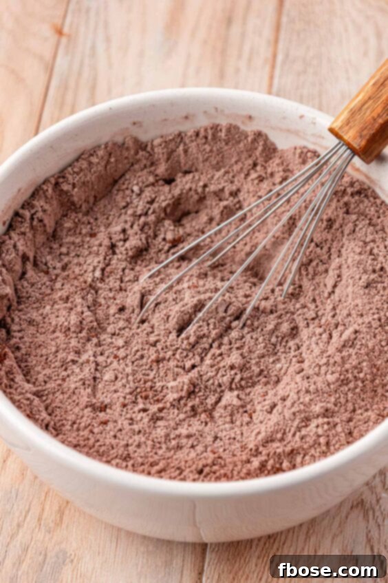 Dry chocolate cake ingredients being whisked in a bowl.