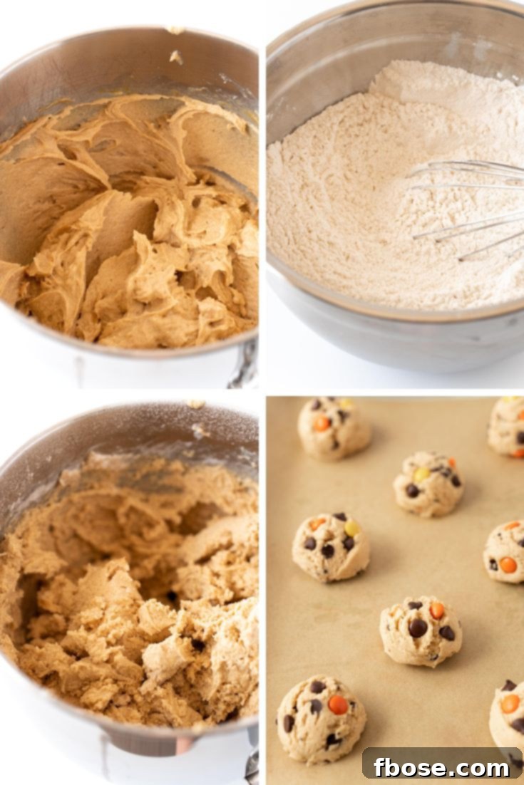step by step photo collage showing how to make reese's pieces peanut butter cookies.