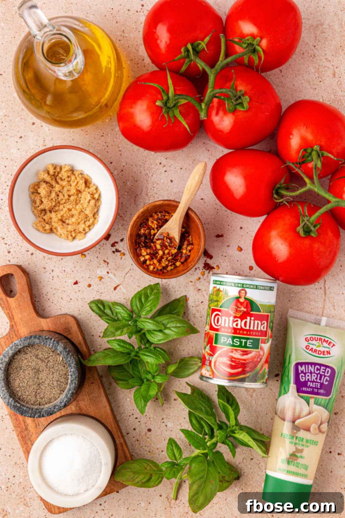 Sun-Kissed Tomato Simplicity 3 Ingredients to make fresh tomato sauce on a table.