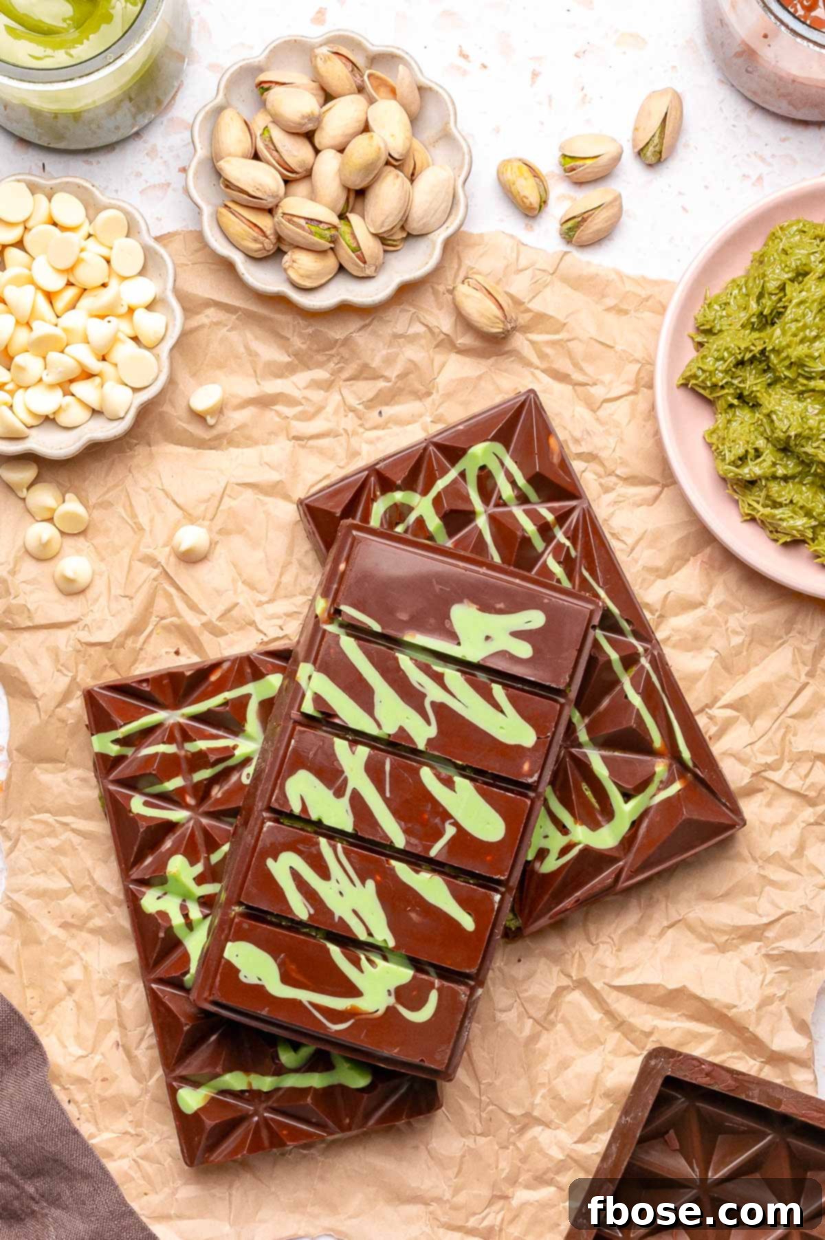 Finished Dubai Chocolate Bars arranged neatly on a piece of parchment paper, showing their alluring texture.