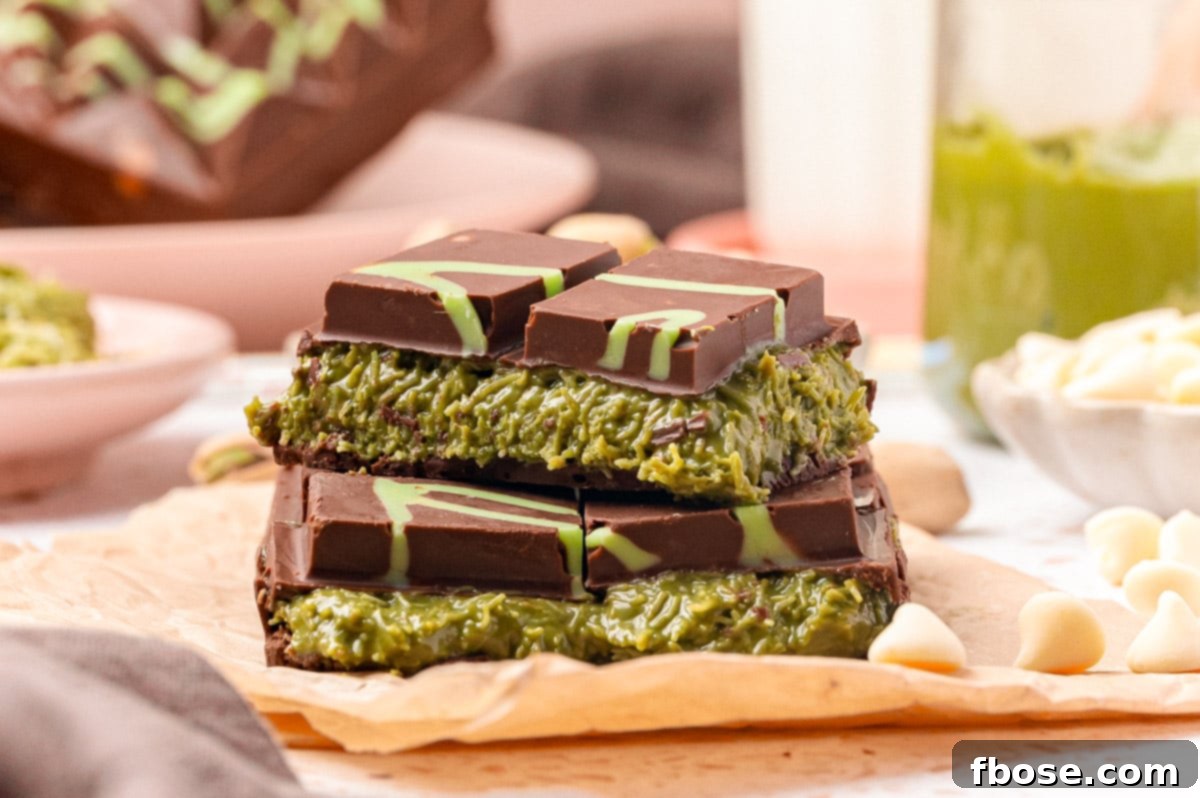 Close up of a freshly made Dubai Chocolate bar, split open to show the vibrant green, crispy filling.