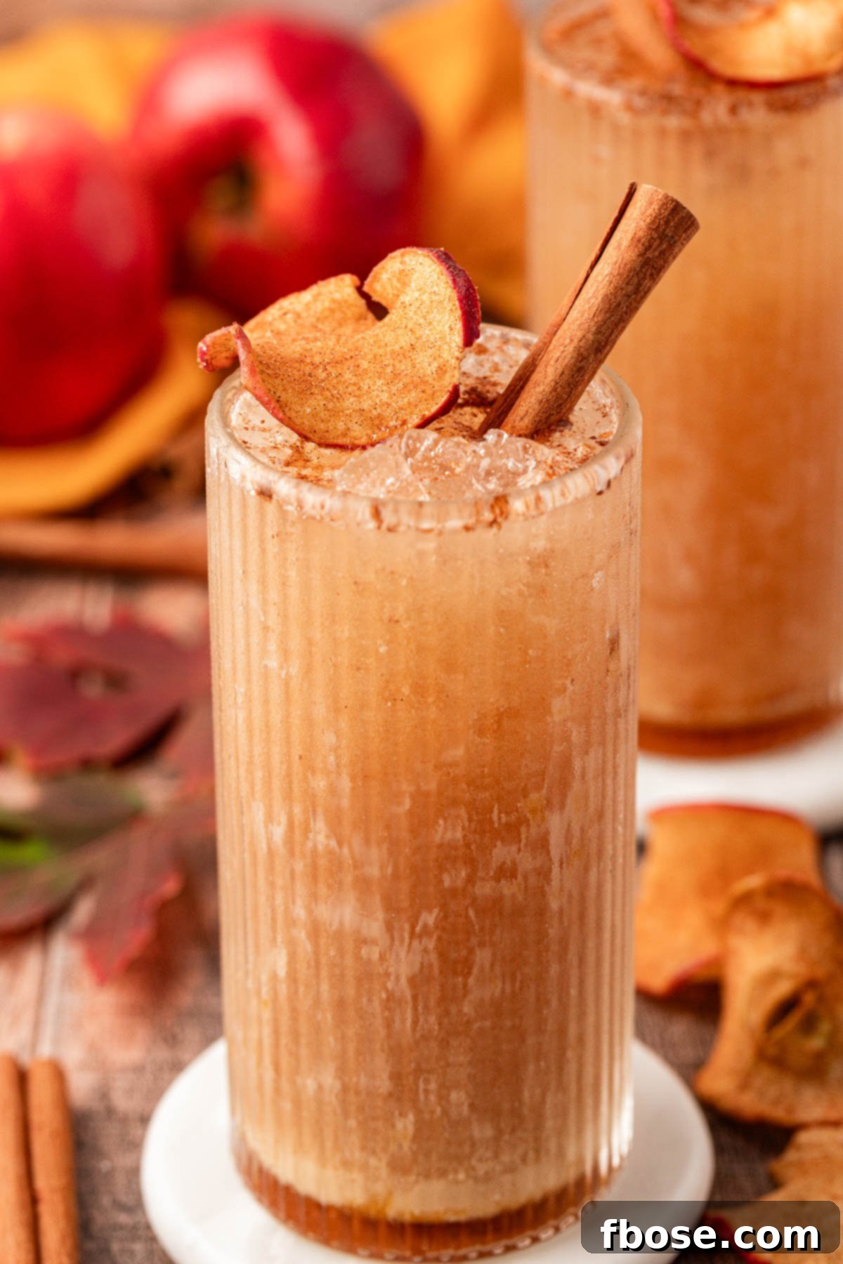 Autumn Crisp Quencher 4 Close up of a tall glass filled with an apple refresher drink and garnished with a cinnamon stick and dried apple slice.