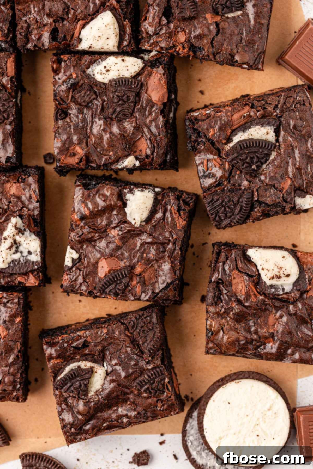 Overhead view of Oreo brownies on parchment paper