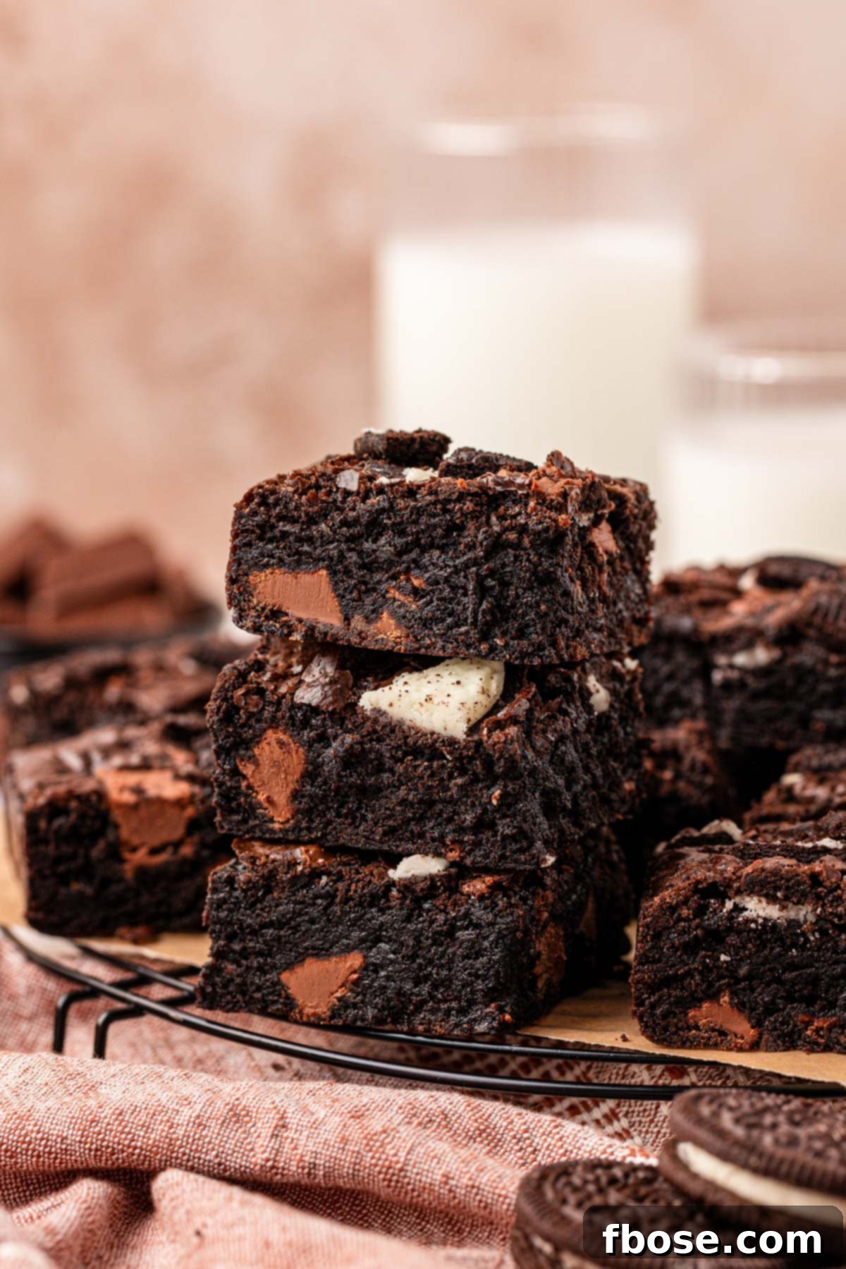 Stack of Oreo brownies on a wire rack