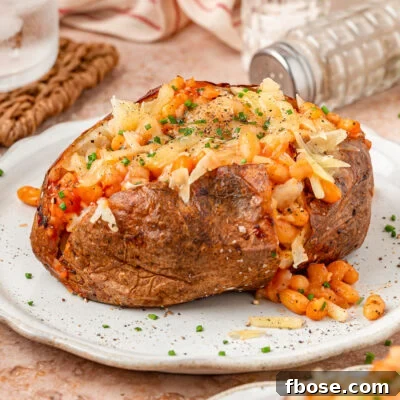 A large Jacket potato filled with shredded cheese and baked beans on a white plate.