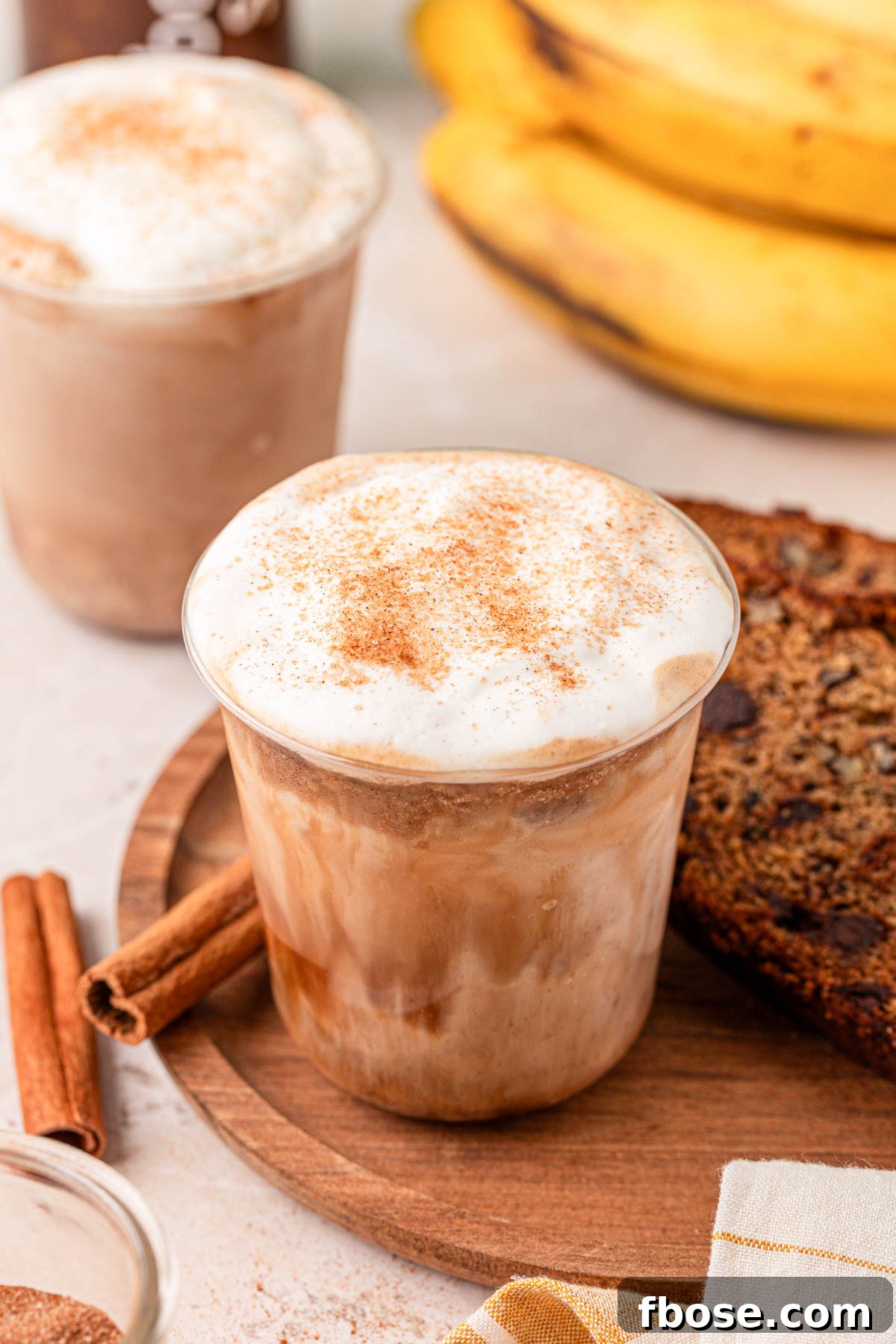 Banana bread lattes on a table.