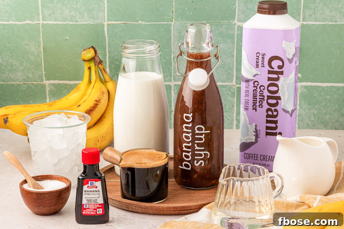 Ingredients to make a Banana Bread Latte on a table.