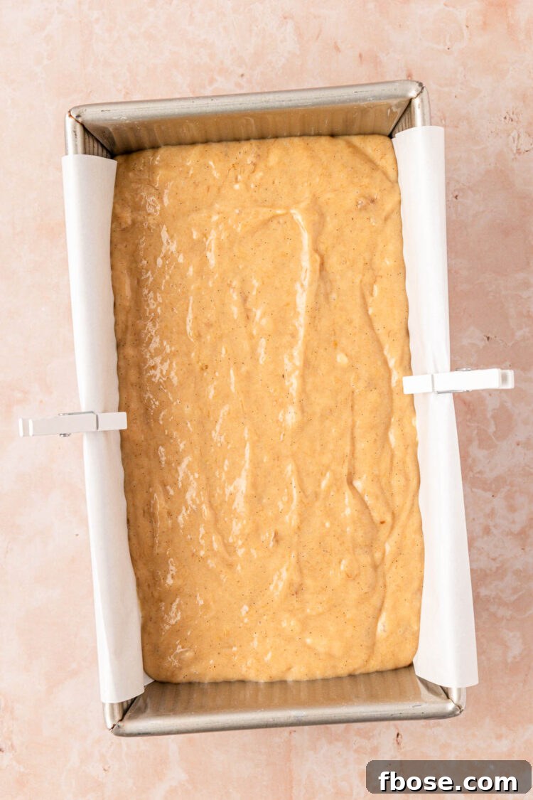 Brown Butter Banana Bread Recipe 11 Transfer the banana bread batter to a parchment-lined loaf pan.