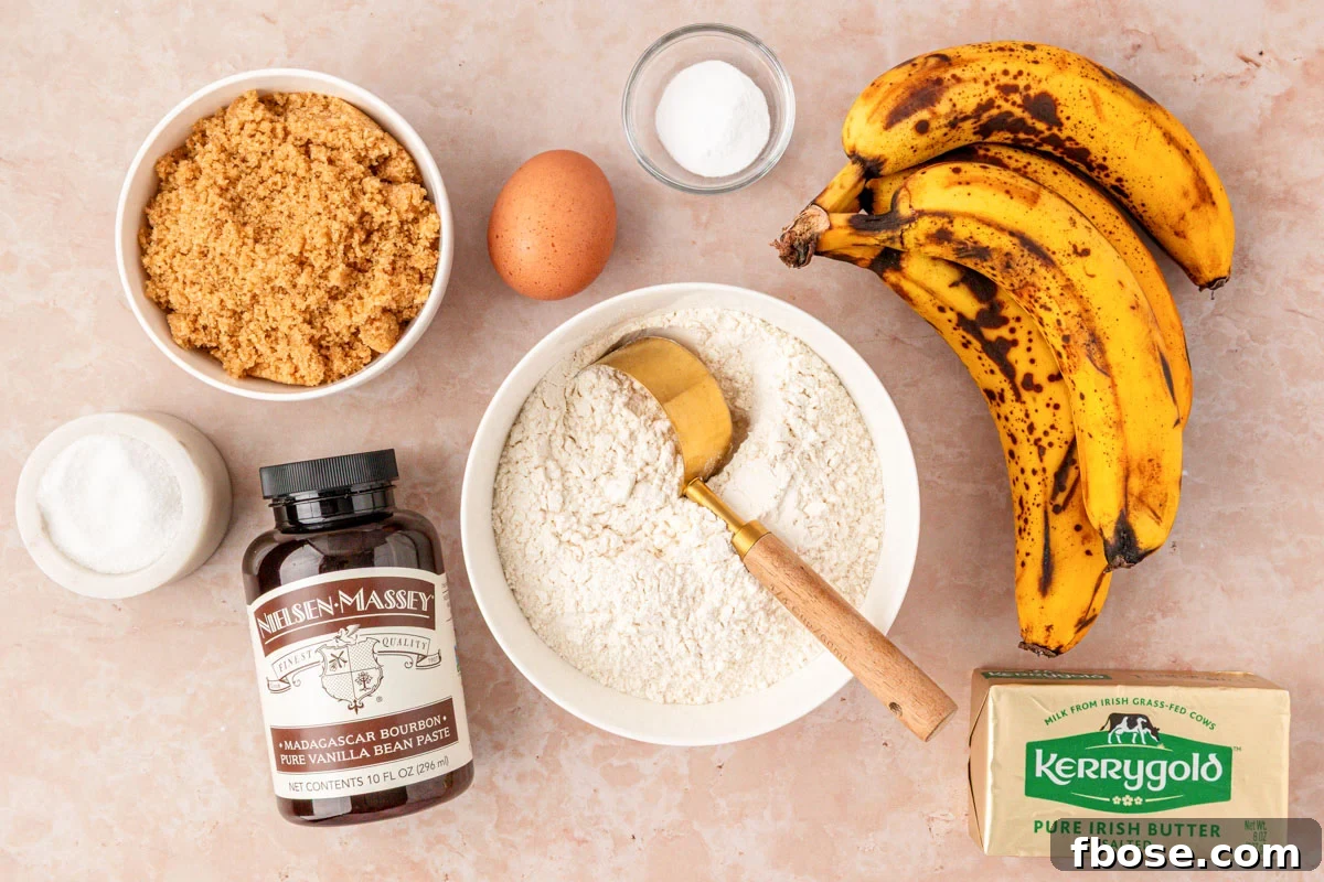 Brown Butter Banana Bread Recipe 4 Ingredients to make banana bread with browned butter on a table.
